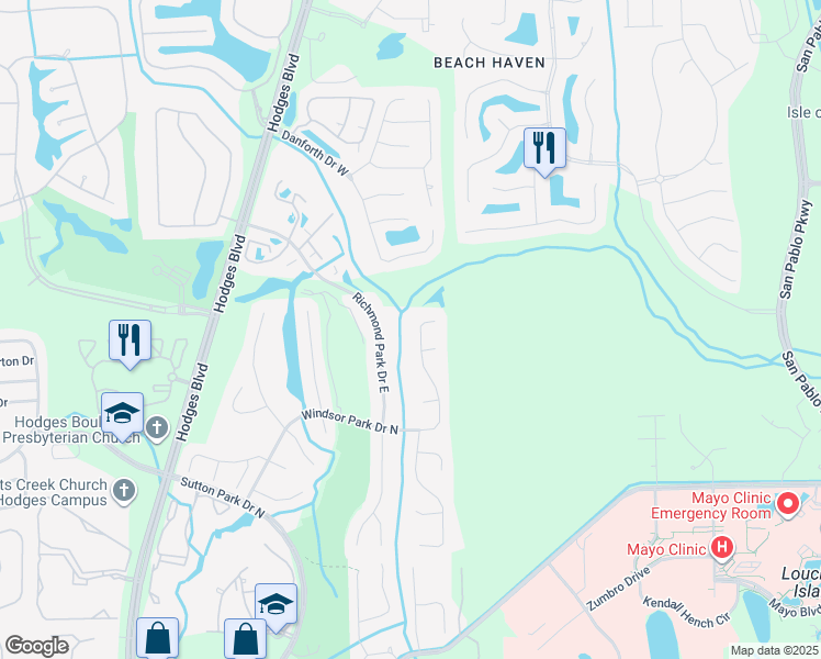 map of restaurants, bars, coffee shops, grocery stores, and more near 4050 Windsor Park Drive North in Jacksonville