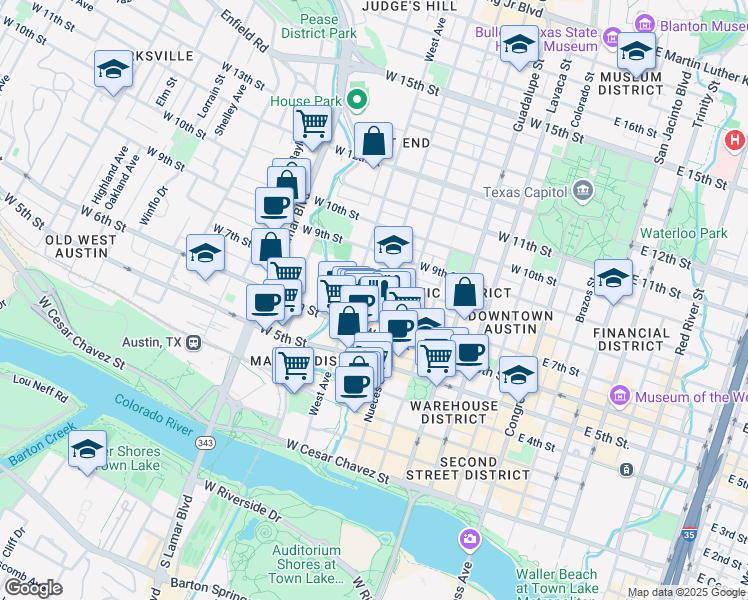 map of restaurants, bars, coffee shops, grocery stores, and more near 704 Rio Grande Street in Austin