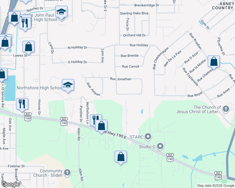 map of restaurants, bars, coffee shops, grocery stores, and more near 282 Rue Piper in Slidell