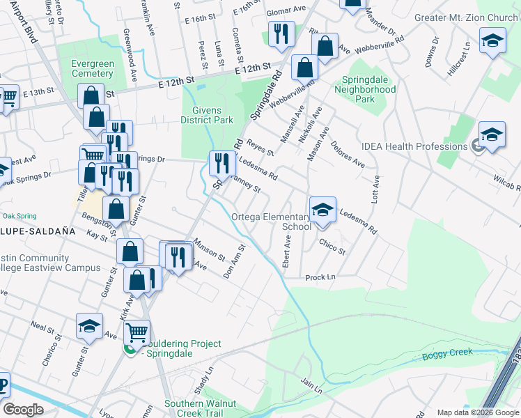 map of restaurants, bars, coffee shops, grocery stores, and more near 1127 Mark Street in Austin