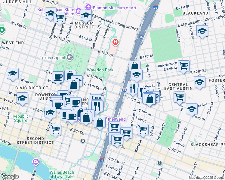 map of restaurants, bars, coffee shops, grocery stores, and more near 705 East 12th Street in Austin