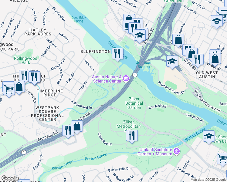 map of restaurants, bars, coffee shops, grocery stores, and more near 451 Nature Center Drive in Austin