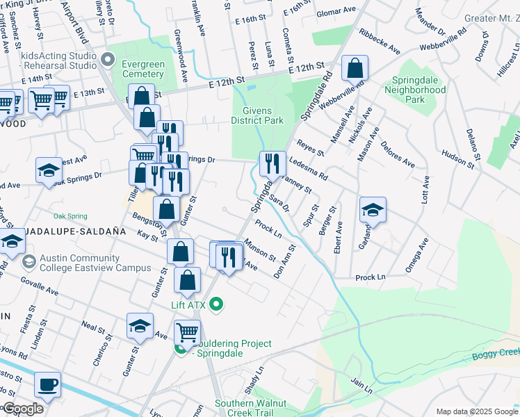 map of restaurants, bars, coffee shops, grocery stores, and more near 1055 Springdale Road in Austin