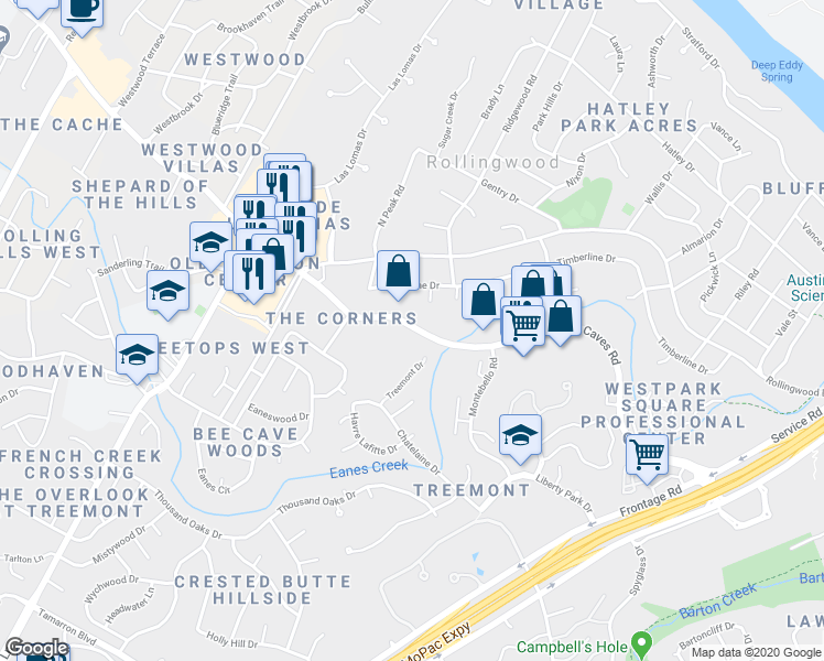 map of restaurants, bars, coffee shops, grocery stores, and more near 3001 Bee Caves Road in Rollingwood