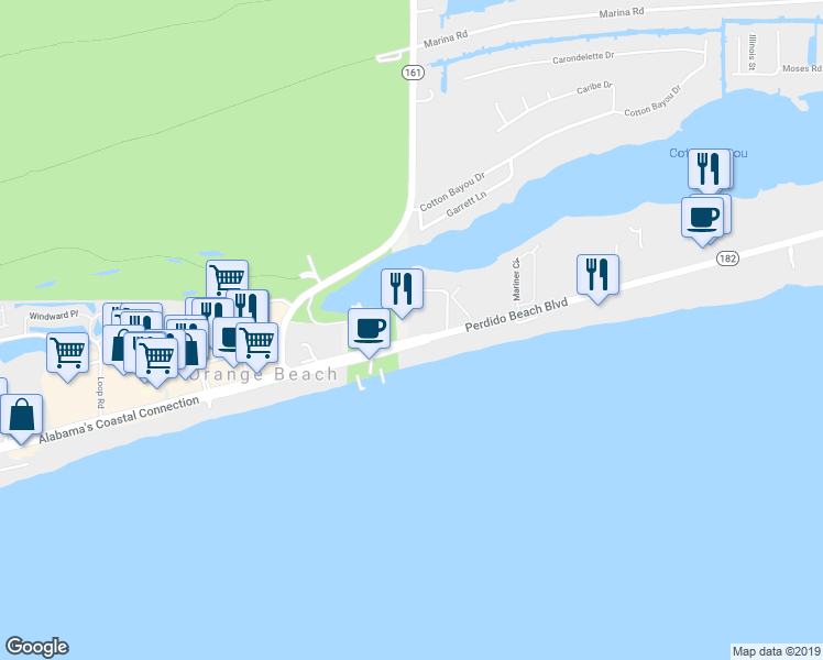 map of restaurants, bars, coffee shops, grocery stores, and more near 26021 Perdido Beach Boulevard in Orange Beach