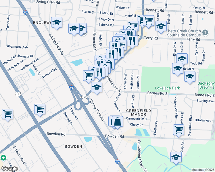 map of restaurants, bars, coffee shops, grocery stores, and more near 14 5800-2 Barnes Ap in Jacksonville