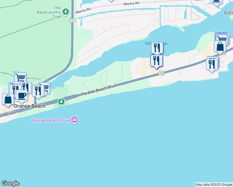 map of restaurants, bars, coffee shops, grocery stores, and more near 26302 Perdido Beach Boulevard in Orange Beach