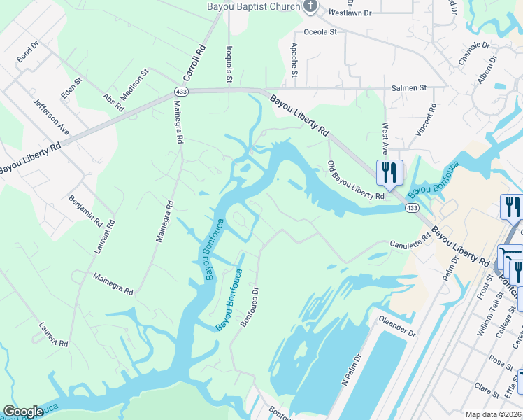 map of restaurants, bars, coffee shops, grocery stores, and more near 136 Bywater Drive in Slidell