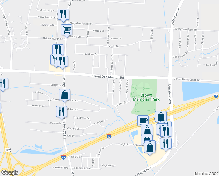 map of restaurants, bars, coffee shops, grocery stores, and more near 114 Winsor Drive in Lafayette