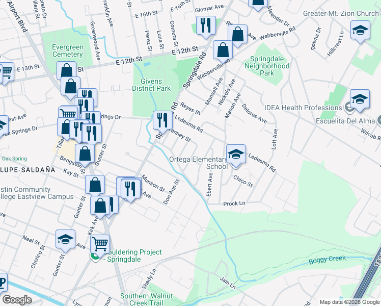map of restaurants, bars, coffee shops, grocery stores, and more near 1127 Mark Street in Austin