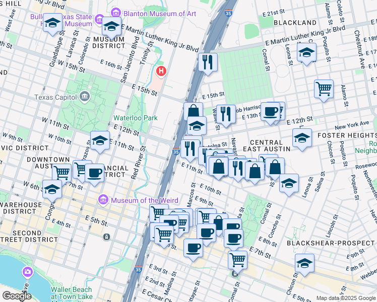 map of restaurants, bars, coffee shops, grocery stores, and more near 1190 Branch Street in Austin