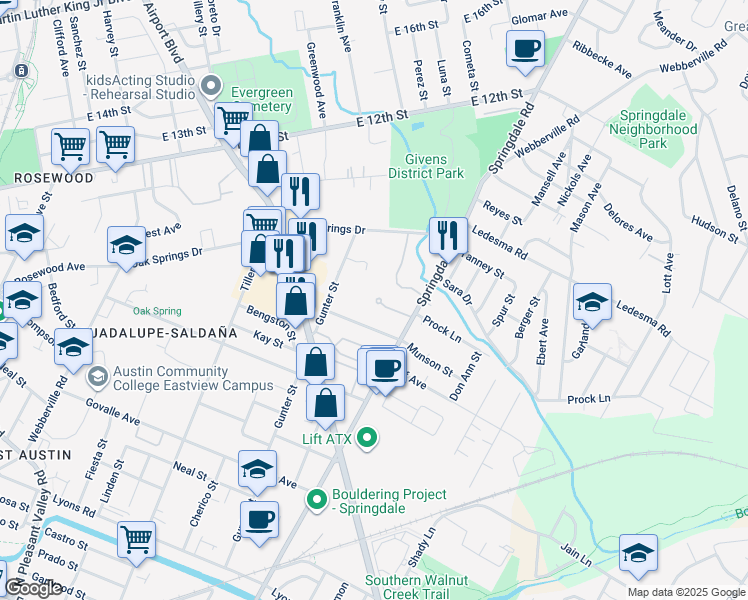 map of restaurants, bars, coffee shops, grocery stores, and more near 1050 Springdale Road in Austin