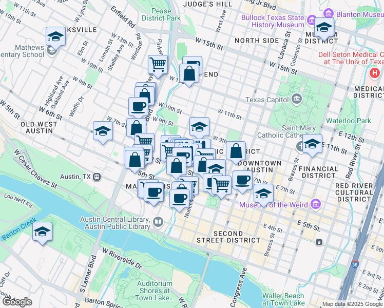 map of restaurants, bars, coffee shops, grocery stores, and more near 702 Rio Grande Street in Austin