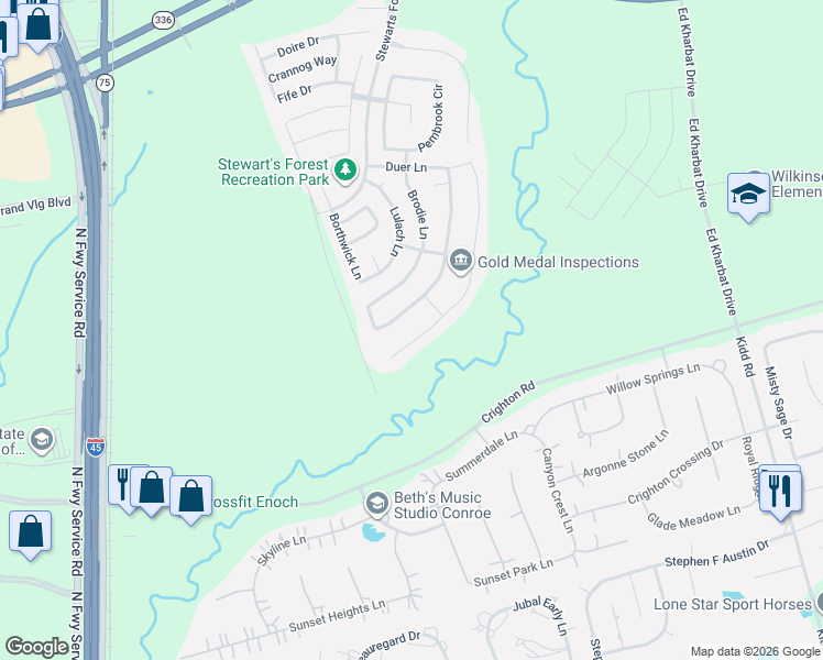 map of restaurants, bars, coffee shops, grocery stores, and more near 2053 Doolan Drive in Conroe