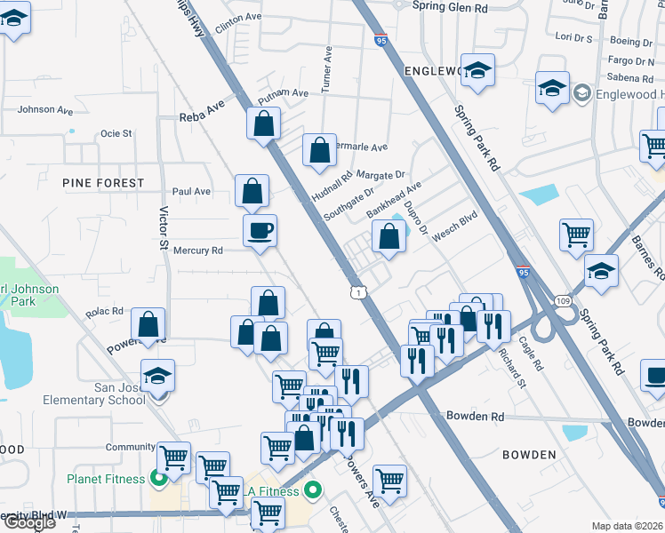 map of restaurants, bars, coffee shops, grocery stores, and more near 5032 Phillips Highway in Jacksonville