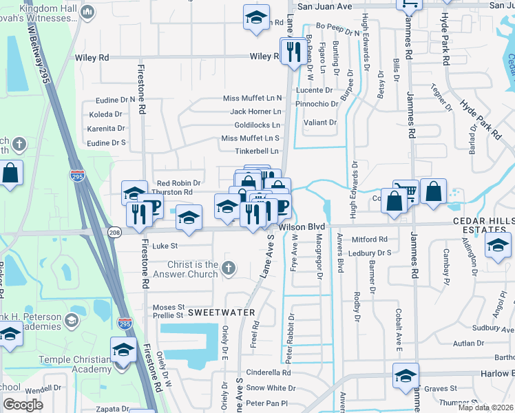 map of restaurants, bars, coffee shops, grocery stores, and more near 6855 Wilson Boulevard in Jacksonville