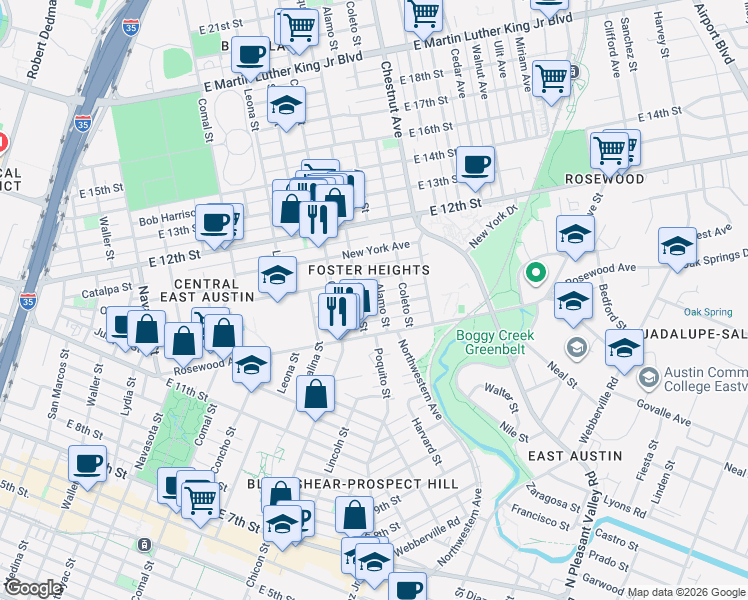 map of restaurants, bars, coffee shops, grocery stores, and more near 1162 Alamo Street in Austin