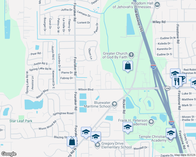 map of restaurants, bars, coffee shops, grocery stores, and more near 2605 Glory Trail in Jacksonville