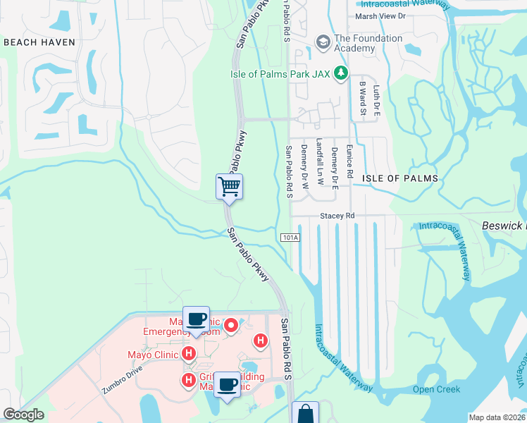 map of restaurants, bars, coffee shops, grocery stores, and more near Cross Water Boulevard in Jacksonville