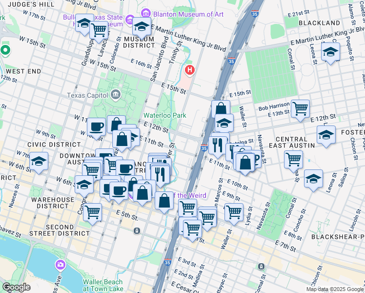map of restaurants, bars, coffee shops, grocery stores, and more near 705 East 12th Street in Austin