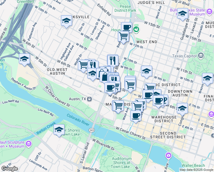 map of restaurants, bars, coffee shops, grocery stores, and more near 1009 West 6th Street in Austin
