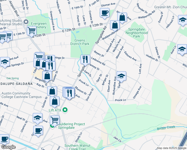 map of restaurants, bars, coffee shops, grocery stores, and more near 1120 Mark Street in Austin