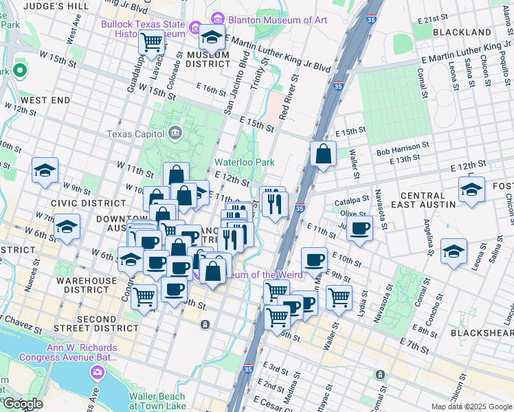map of restaurants, bars, coffee shops, grocery stores, and more near 1101 Red River Street in Austin