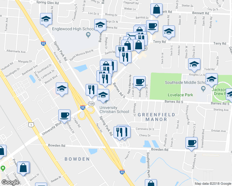map of restaurants, bars, coffee shops, grocery stores, and more near 14 5800-2 Barnes Ap in Jacksonville
