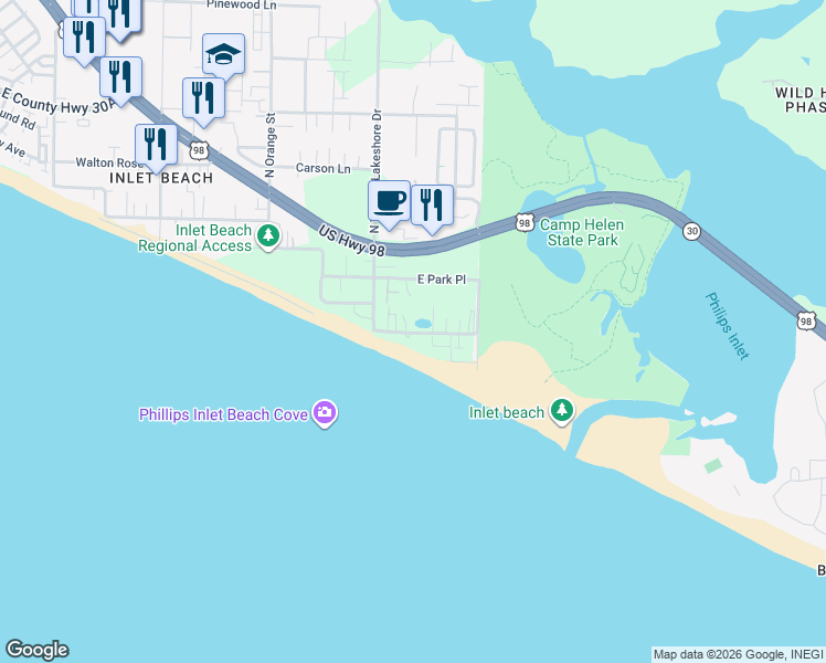 map of restaurants, bars, coffee shops, grocery stores, and more near 45 Walton Magnolia Lane in Panama City Beach