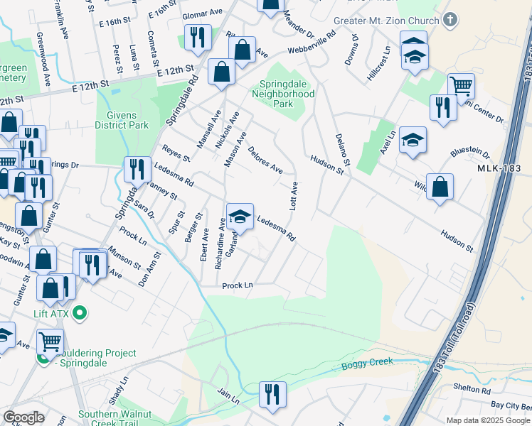 map of restaurants, bars, coffee shops, grocery stores, and more near 5230 Ledesma Road in Austin