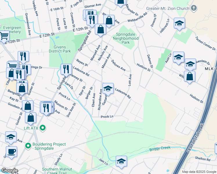 map of restaurants, bars, coffee shops, grocery stores, and more near 5214 Ledesma Road in Austin