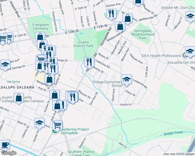 map of restaurants, bars, coffee shops, grocery stores, and more near 1127 Mark Street in Austin