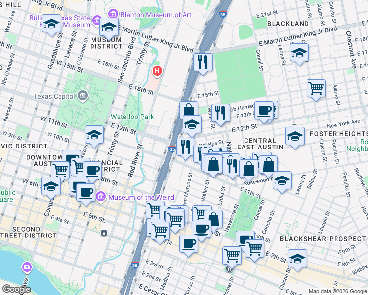 map of restaurants, bars, coffee shops, grocery stores, and more near 1190 Branch Street in Austin