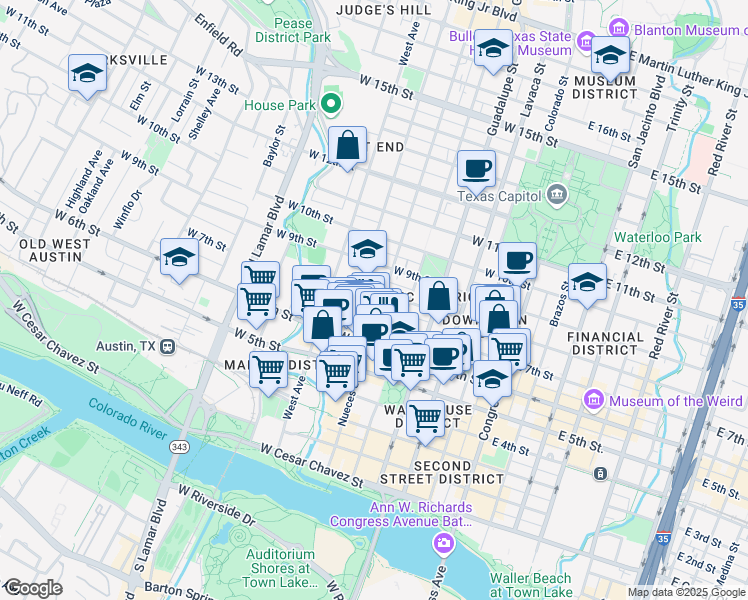 map of restaurants, bars, coffee shops, grocery stores, and more near 805 Nueces Street in Austin