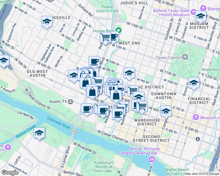 map of restaurants, bars, coffee shops, grocery stores, and more near 828 West 6th Street in Austin