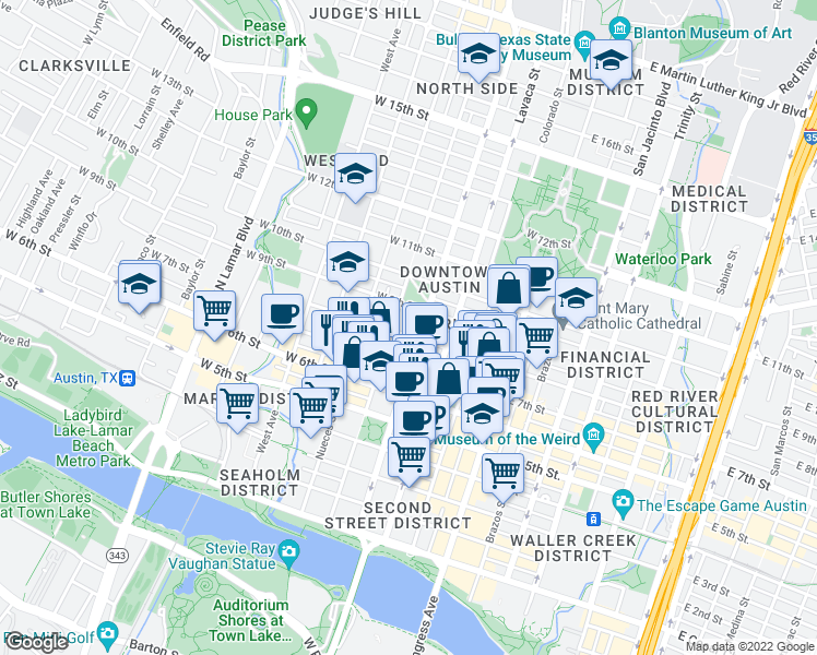 map of restaurants, bars, coffee shops, grocery stores, and more near 800 Guadalupe Street in Austin