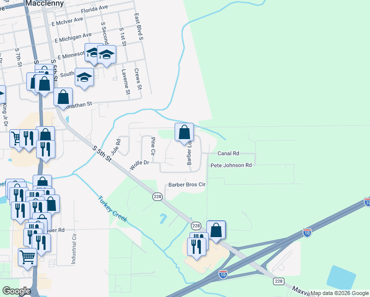 map of restaurants, bars, coffee shops, grocery stores, and more near 9750 Barber Loop in Macclenny