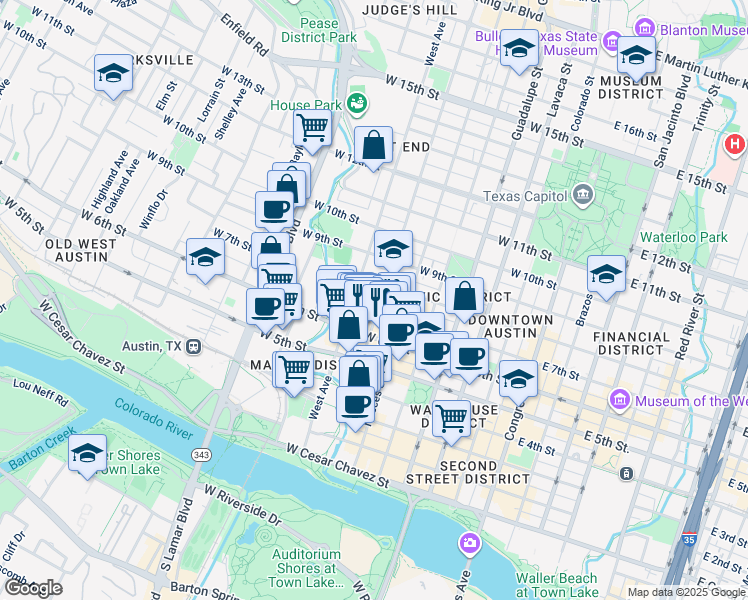 map of restaurants, bars, coffee shops, grocery stores, and more near 702 Rio Grande Street in Austin