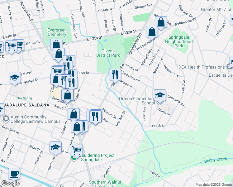 map of restaurants, bars, coffee shops, grocery stores, and more near 4609 Sara Drive in Austin