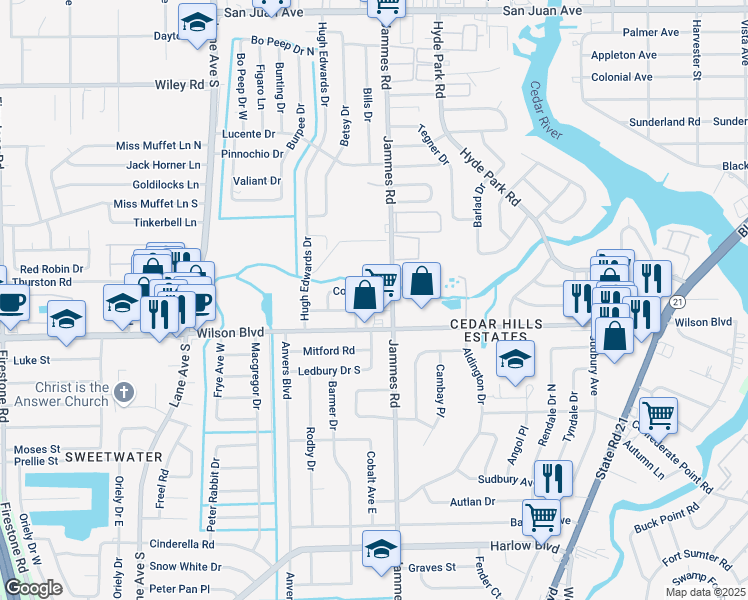 map of restaurants, bars, coffee shops, grocery stores, and more near 6424 Cooper Lane in Jacksonville