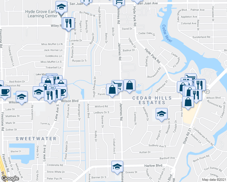 map of restaurants, bars, coffee shops, grocery stores, and more near 6438 Cooper Lane in Jacksonville