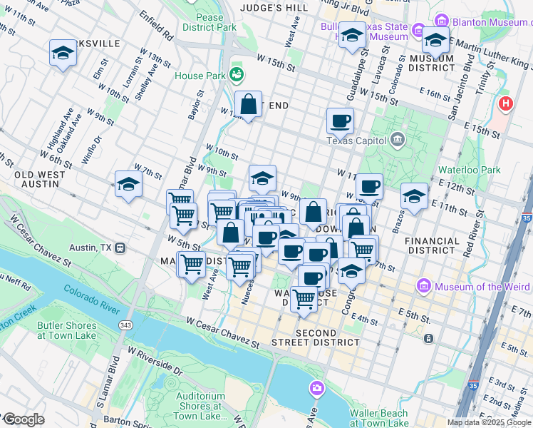 map of restaurants, bars, coffee shops, grocery stores, and more near 603 West 8th Street in Austin