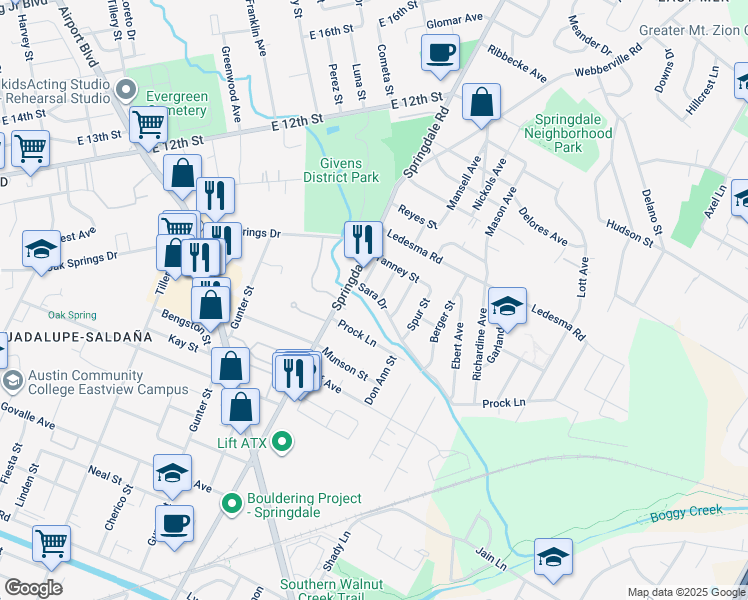 map of restaurants, bars, coffee shops, grocery stores, and more near 4701 Sara Drive in Austin