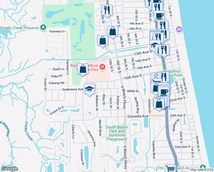 map of restaurants, bars, coffee shops, grocery stores, and more near 1104 16th Avenue South in Jacksonville