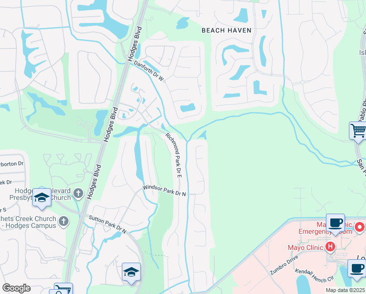 map of restaurants, bars, coffee shops, grocery stores, and more near 4050 Windsor Park Drive North in Jacksonville