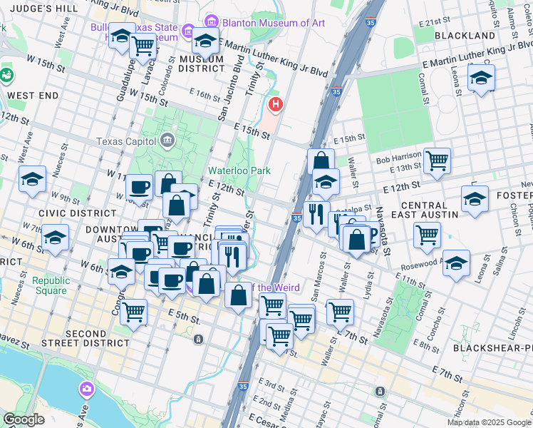 map of restaurants, bars, coffee shops, grocery stores, and more near in Austin