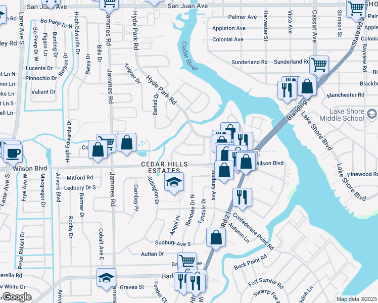 map of restaurants, bars, coffee shops, grocery stores, and more near 6101 Woodside Drive in Jacksonville