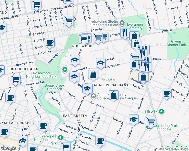 map of restaurants, bars, coffee shops, grocery stores, and more near 4002 Webberville Road in Austin