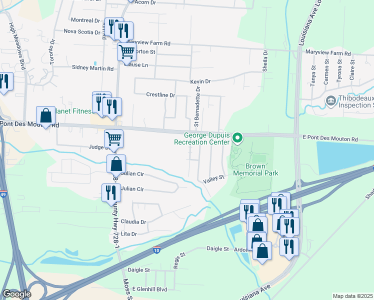 map of restaurants, bars, coffee shops, grocery stores, and more near 114 Rue Royale in Lafayette