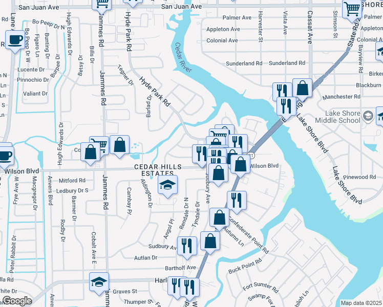 map of restaurants, bars, coffee shops, grocery stores, and more near 6101 Woodside Drive in Jacksonville
